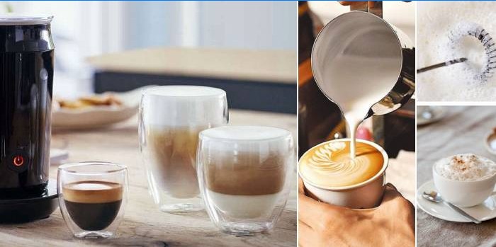 Cappuccino, café, mousseurs à lait manuels et automatiques