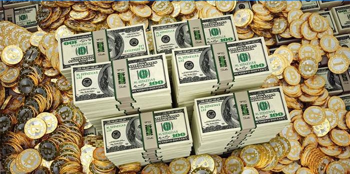 Pièces Bitcoin et packs de dollars