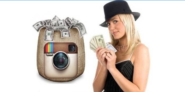 Un sac d'argent avec un logo Instagram et une fille avec de l'argent en main