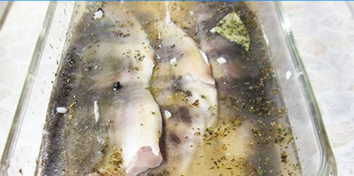 Carcasses de poissons sous une marinade blanche