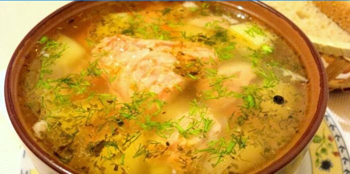 Soupe de poisson à la truite avec du millet dans une assiette