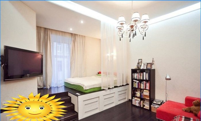 Zonage fonctionnel de l'espace avec des meubles dans un appartement d'une pièce