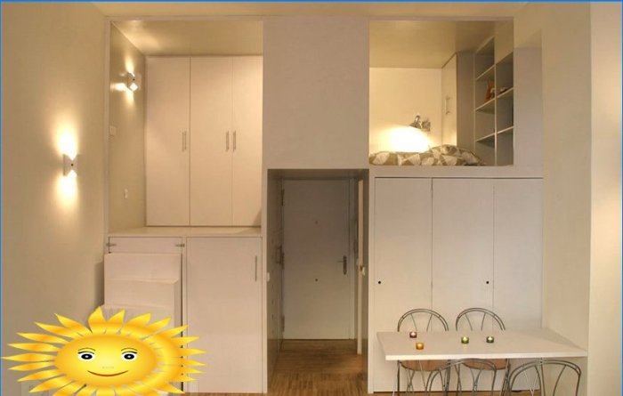Zonage fonctionnel de l'espace avec des meubles dans un appartement d'une pièce