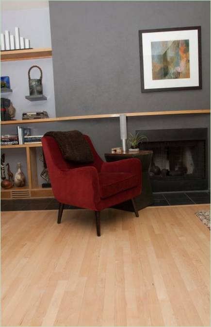 Un fauteuil rouge foncé à l'intérieur d'un salon