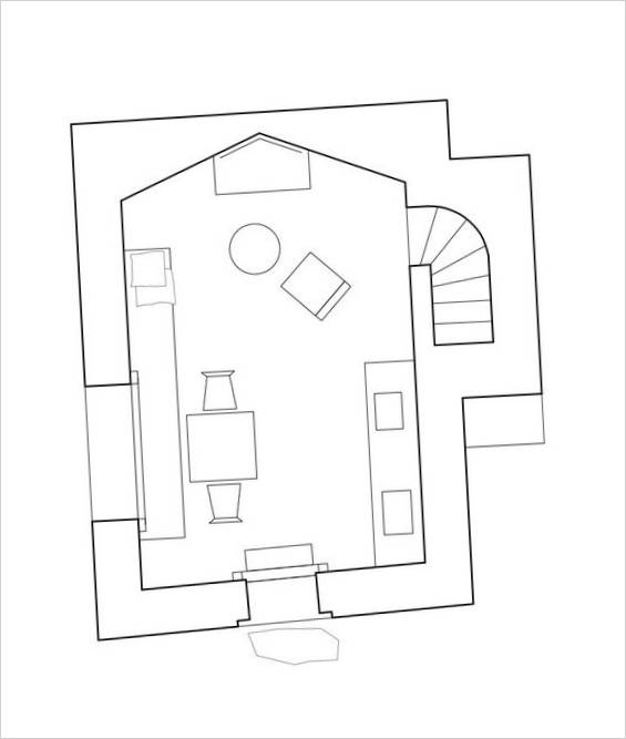 Plan de la cuisine au premier étage de la maison avec une cheminée