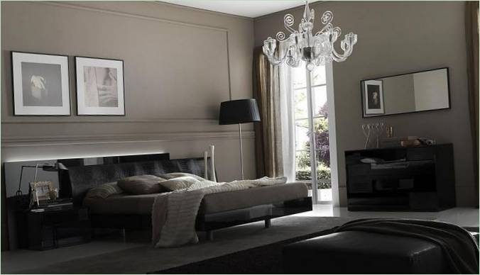 Décoration intérieure d'une chambre à coucher en noir et gris