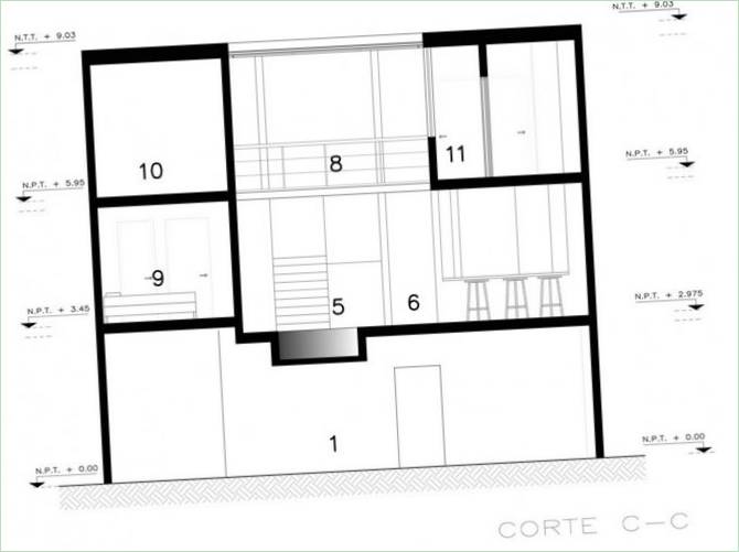 Croquis au-dessus duquel se trouve la zone sociale - cuisine avec garde-manger, appartement et véranda extérieure