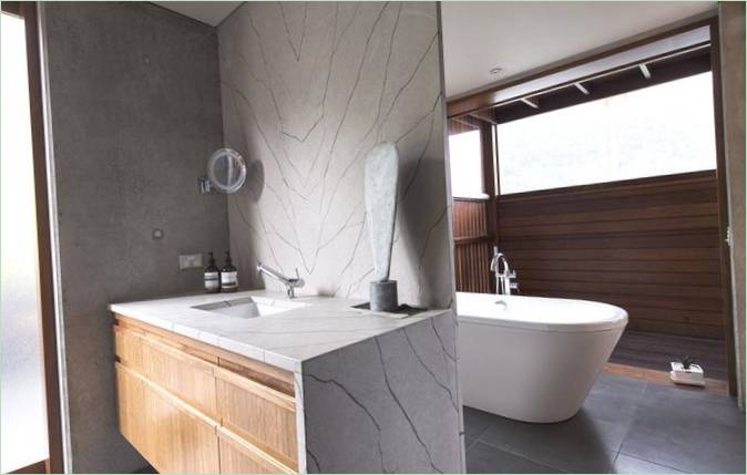 Intérieur de salle de bains avec des éléments en pierre et en bois