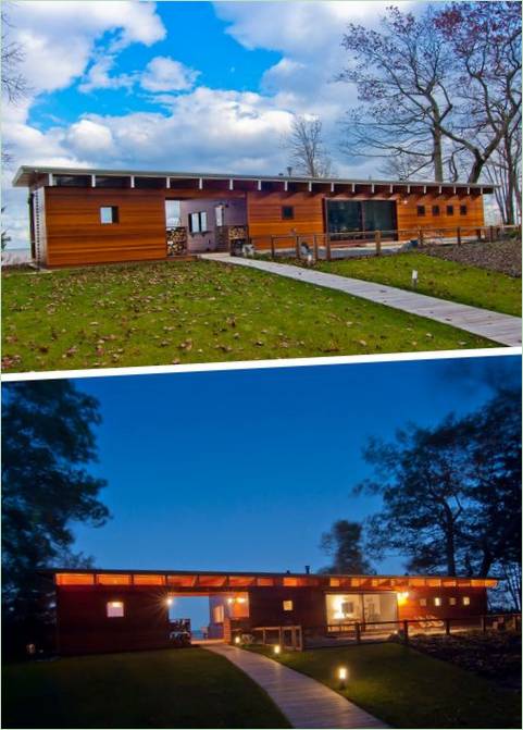 Maison au bord du lac avec décor en bois