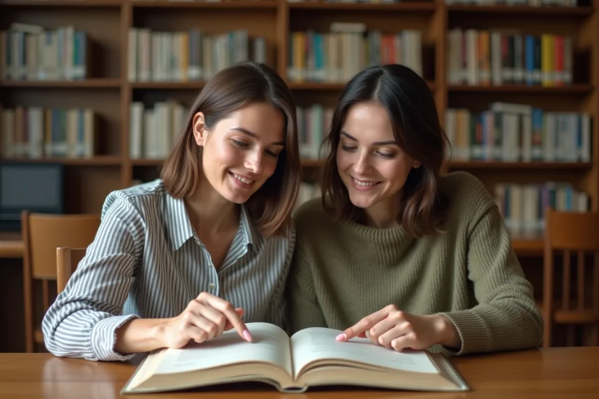 Deux femmes consultant un livre de grammaire française ensemble dans une bibliothèque, illustrant la règle d'accord de toutes les deux