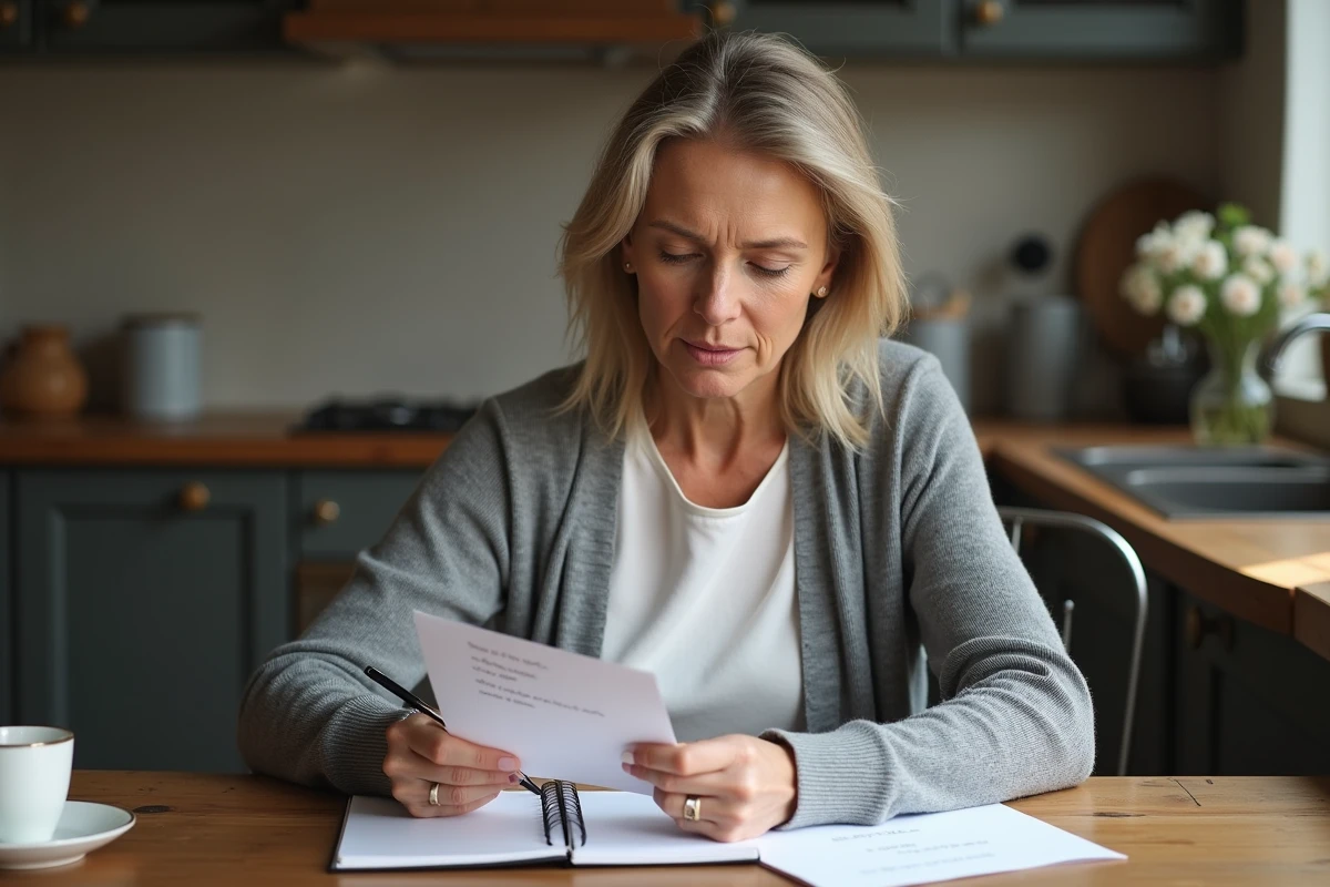 Femme relisant des notes de grammaire française sur l'accord de toutes les deux dans une cuisine, entourée d'un carnet et d'une lettre manuscrite