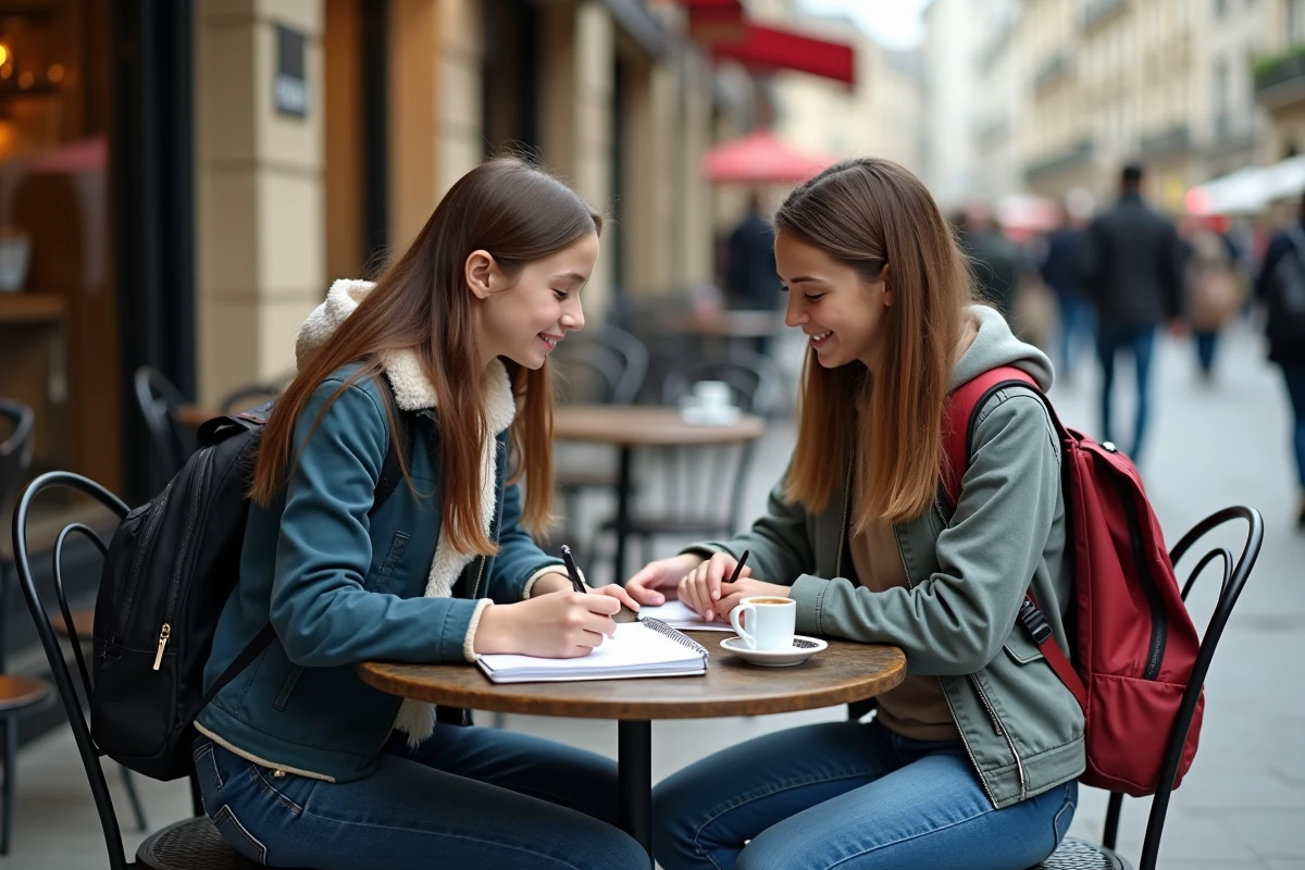 Deux adolescentes travaillant ensemble sur un exercice de grammaire française à une terrasse de café parisien, illustrant l'apprentissage de l'accord de toutes les deux