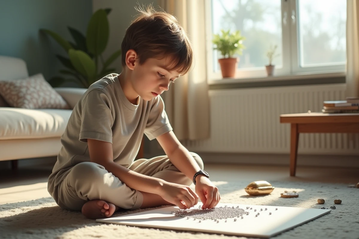 Jeune garçon concentré collant des diamants sur un canevas