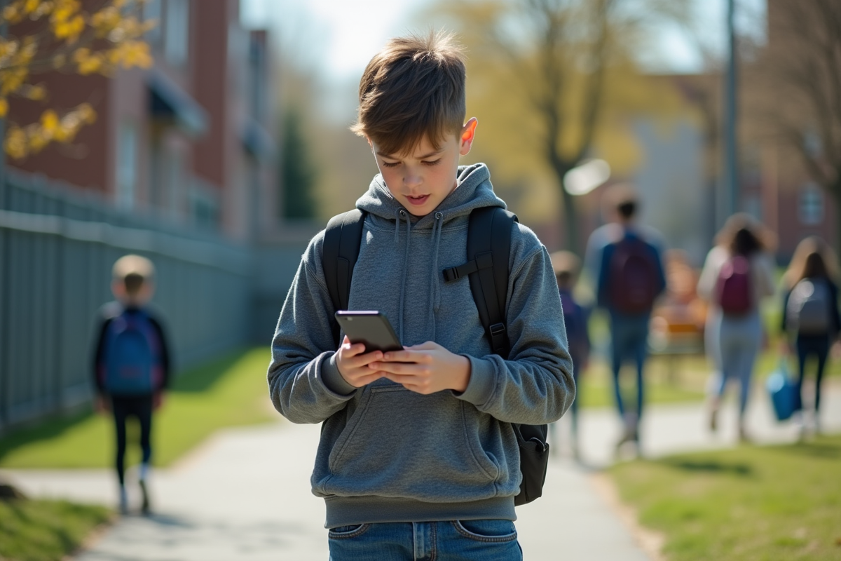 Adolescent regardant son téléphone dans la cour d