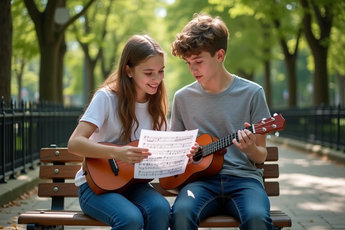 Deux adolescents assis sur un banc dans un parc apprenant ensemble une tablature de ukulélé imprimée