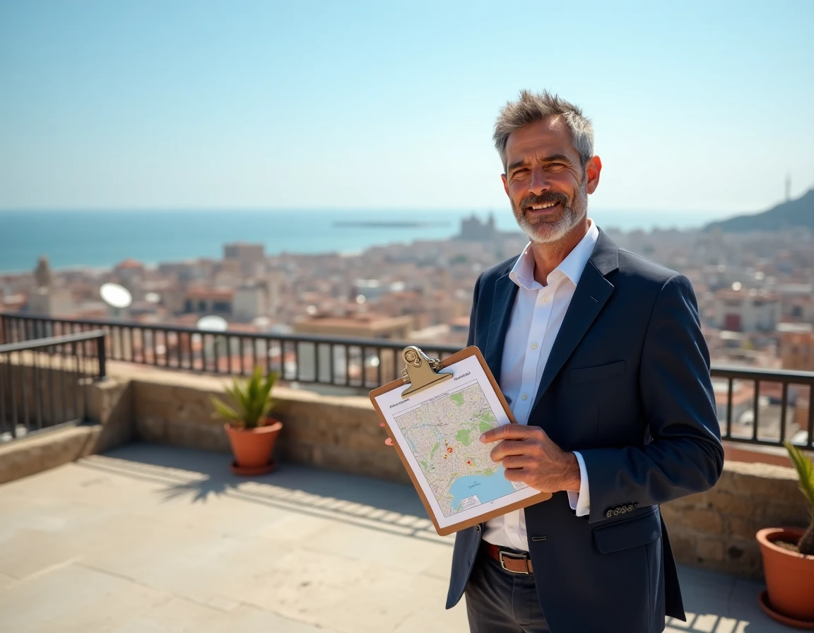 Agent immobilier présentant une carte des codes postaux de Barcelone depuis une terrasse avec vue sur la mer