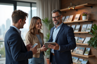 Agent immobilier français avec couple dans agence moderne