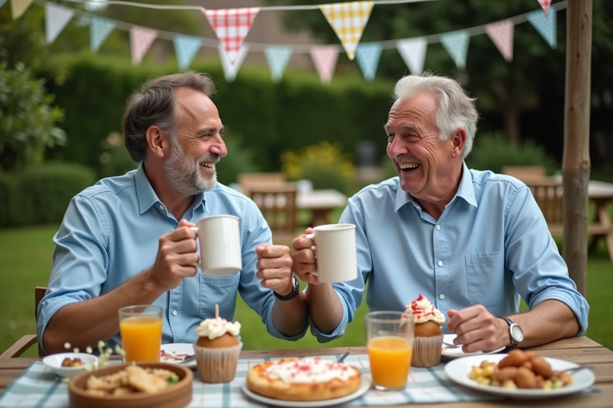 Deux hommes riant lors d un brunch d anniversaire en extérieur