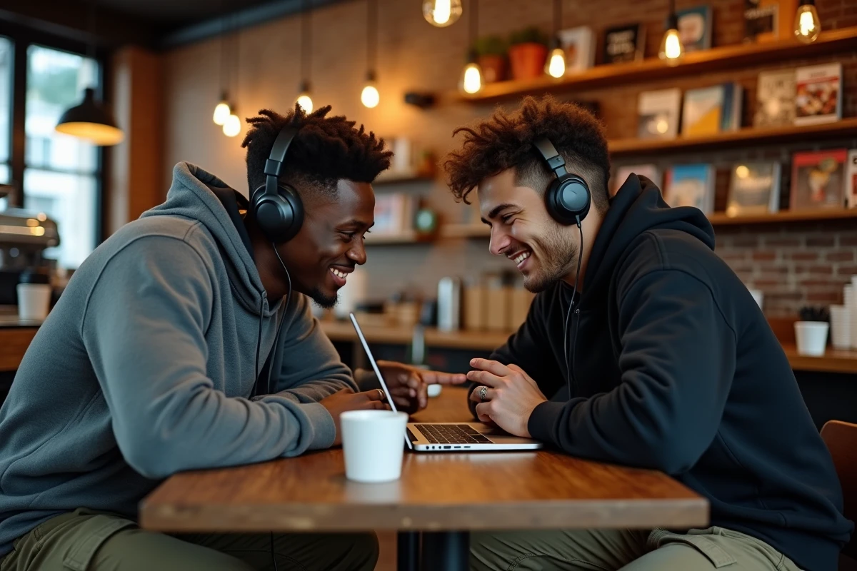 Deux amis découvrant ensemble des rappeurs américains sur un ordinateur dans un café urbain