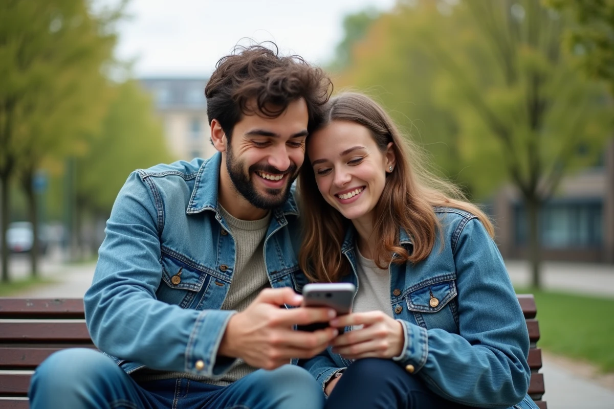 Deux amis découvrant ensemble des dés gratuits pour Monopoly GO sur un smartphone dans un parc