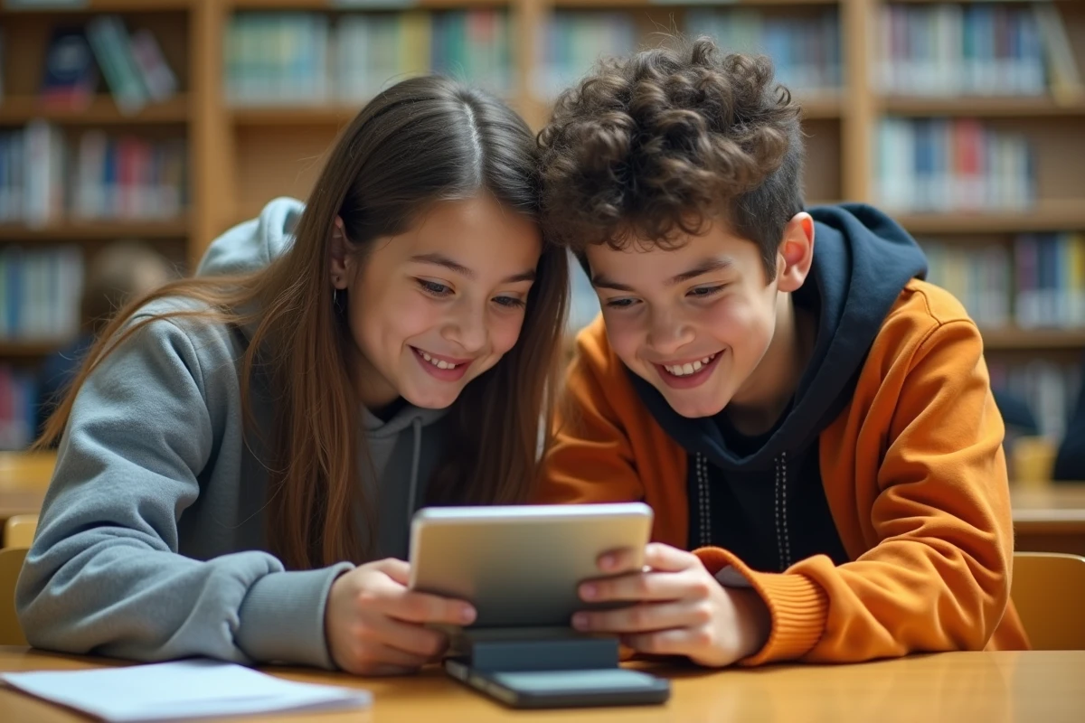 Deux adolescents consultant ensemble la page de récompense cadeau Pokémon TCG Pocket sur une tablette dans une bibliothèque, partageant un moment d'enthousiasme complice