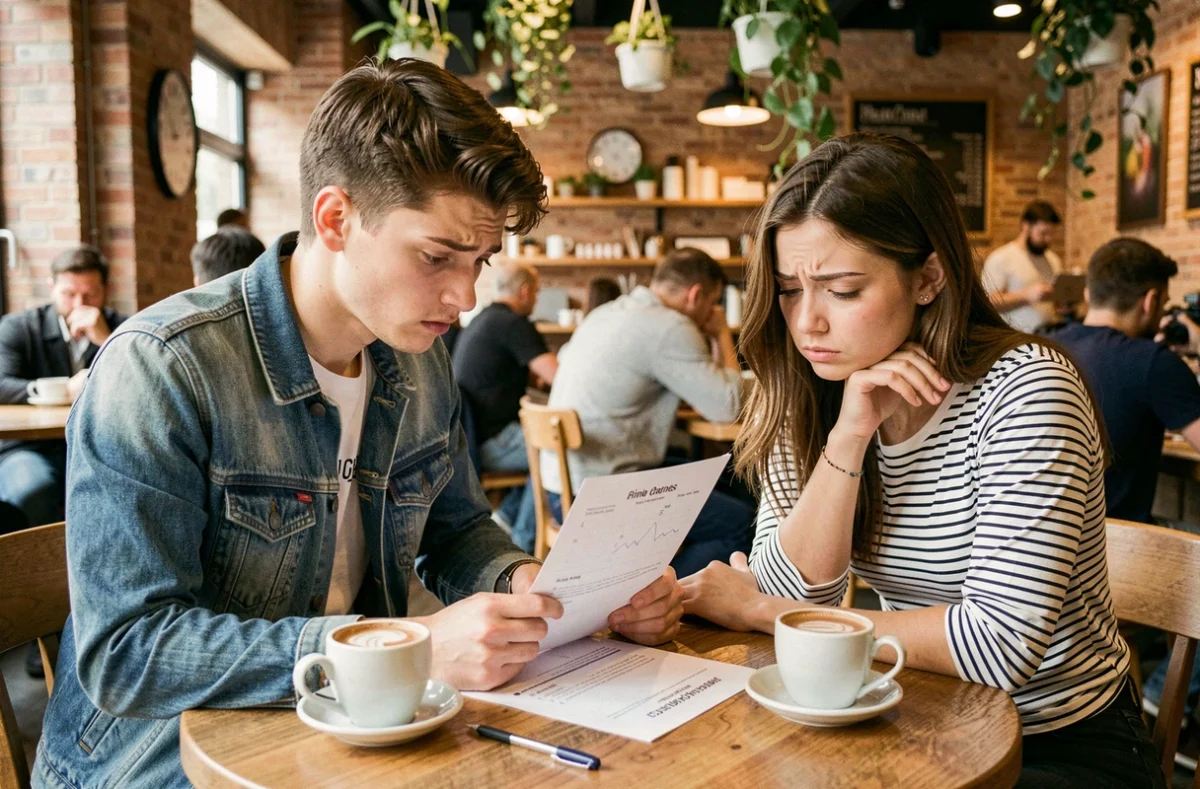 Deux amis perplexes devant un quiz sur les capitales du monde attablés dans un café