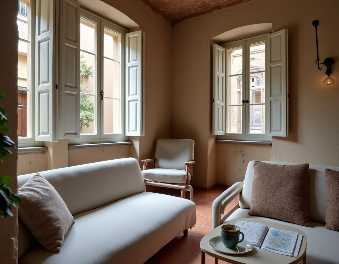 Intérieur authentique d'un appartement Airbnb dans le Quartier Gothique de Barcelone avec sol en tommettes