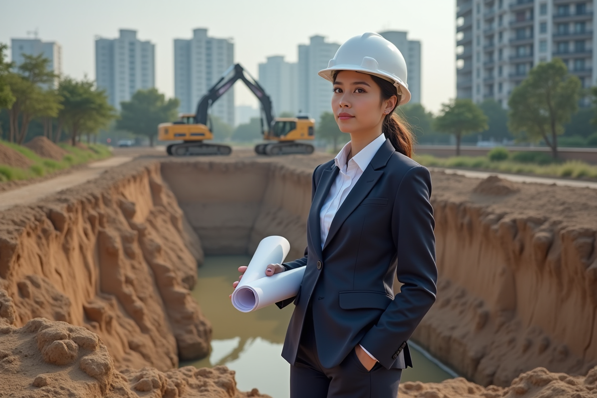 Jeune architecte devant un site de construction en ville