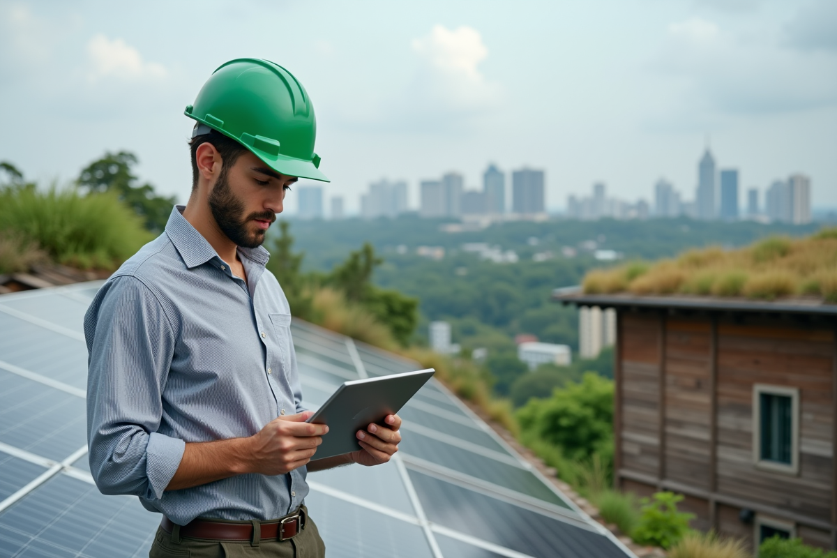 Jeune architecte inspectant des panneaux solaires sur un toit écologique