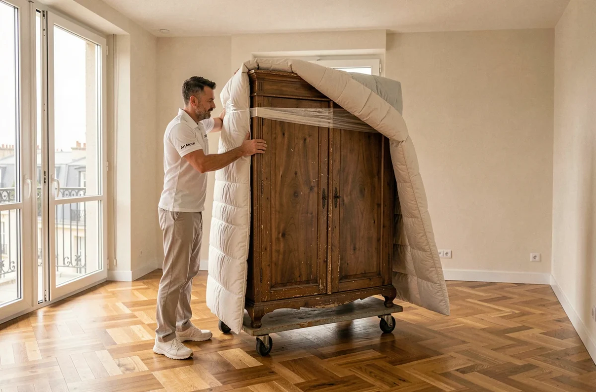 Déménageur Art Moval emballant soigneusement une armoire ancienne avec des couvertures de protection dans un appartement lyonnais moderne