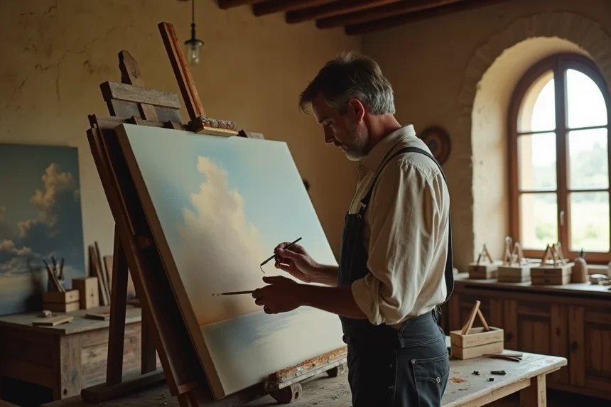 Artiste réaliste du XIXe siècle examinant une peinture à l'huile dans un atelier en pierre de style Courbet