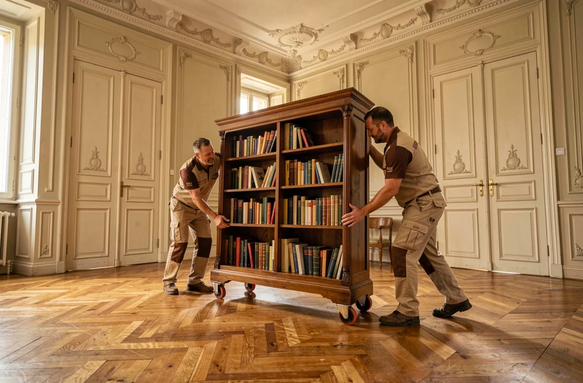 Deux déménageurs Genoux déplaçant une grande bibliothèque en bois dans un appartement lyonnais aux moulures haussmanniennes