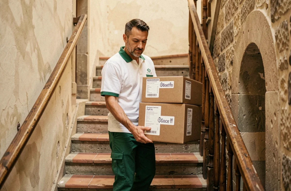 Déménageur des Déménagements Monet portant des cartons dans un immeuble lyonnais traditionnel aux pierres apparentes