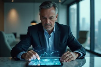 Directeur bancaire en costume interactif avec interface holographique