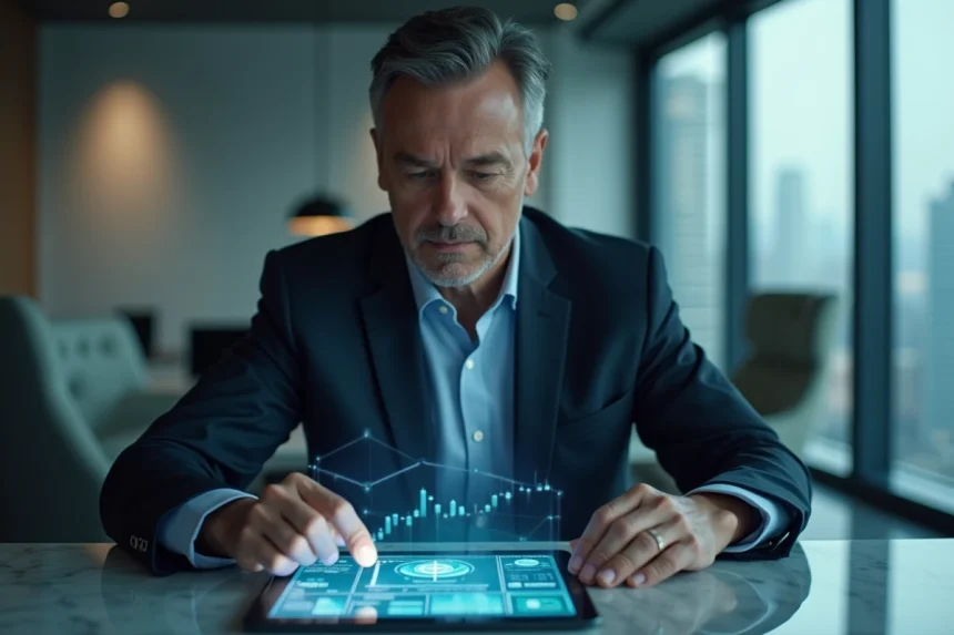 Directeur bancaire en costume interactif avec interface holographique