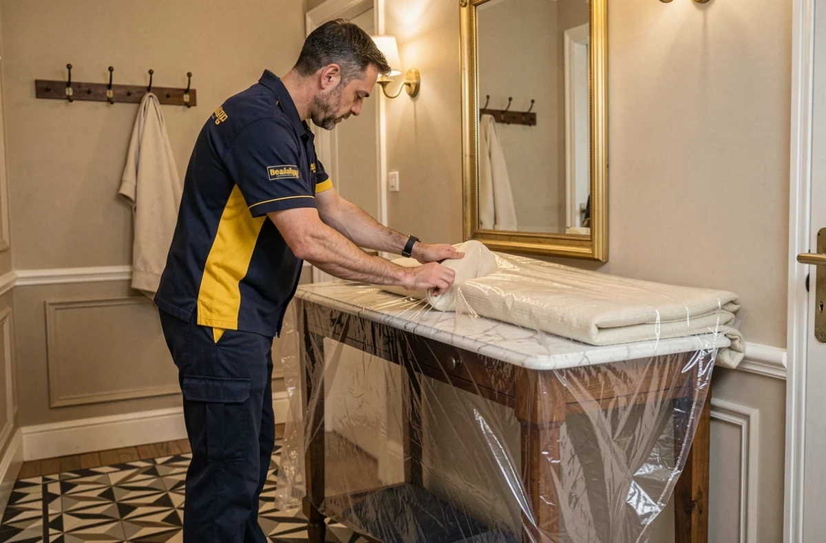 Déménageur Beaulaigue Déménagement emballant soigneusement une console en marbre dans un couloir d'entrée lyonnais raffiné