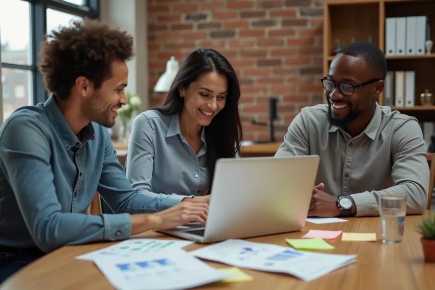 Équipe de bénévoles collaborant sur une plateforme web associative autour d'un ordinateur portable dans un bureau associatif
