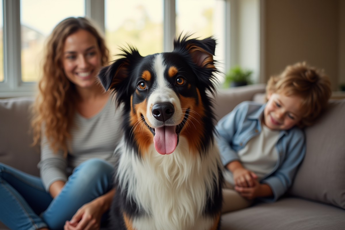 Chien berger australien avec famille en intérieur lumineux