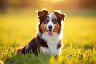 Chien berger australien tricolore dans un champ ensoleille