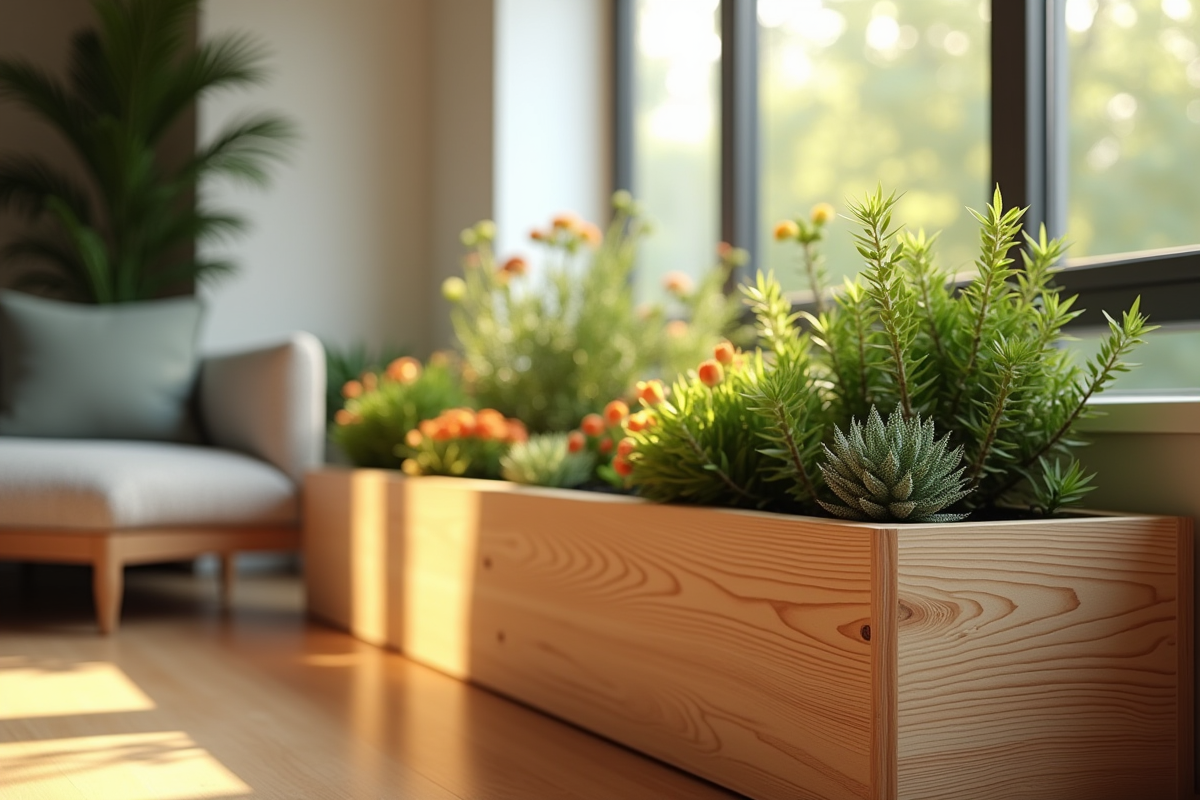 Zoom sur une boîte à fleurs en bois dans un salon moderne