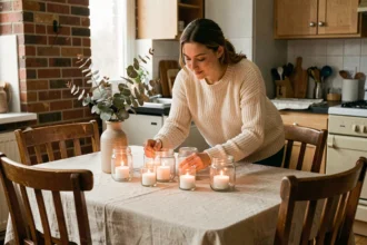 Jeune femme arrangeant des bougies chauffe-plat dans des bocaux en verre sur une table en bois rustique pour une ambiance chaleureuse à petit budget