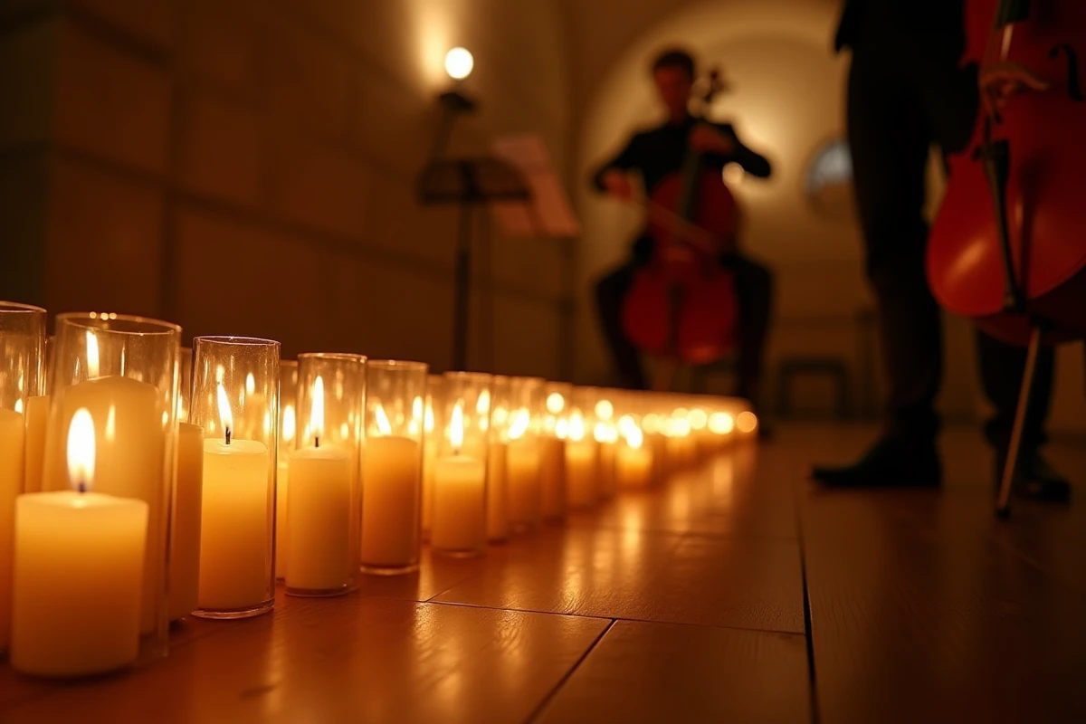 Rangées de bougies allumées sur le sol d'une salle de concert Candlelight à Lyon avec musiciens en arrière-plan flou