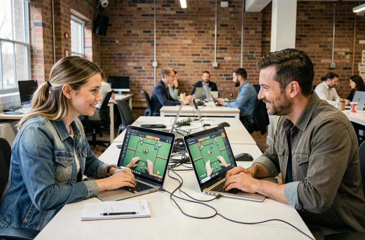 Deux collègues jouant au bridge en ligne sur laptops dans un espace de coworking