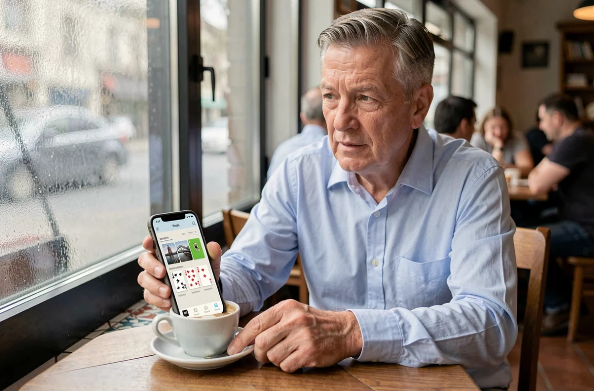 Homme d'âge mûr jouant au bridge sur smartphone dans un café urbain
