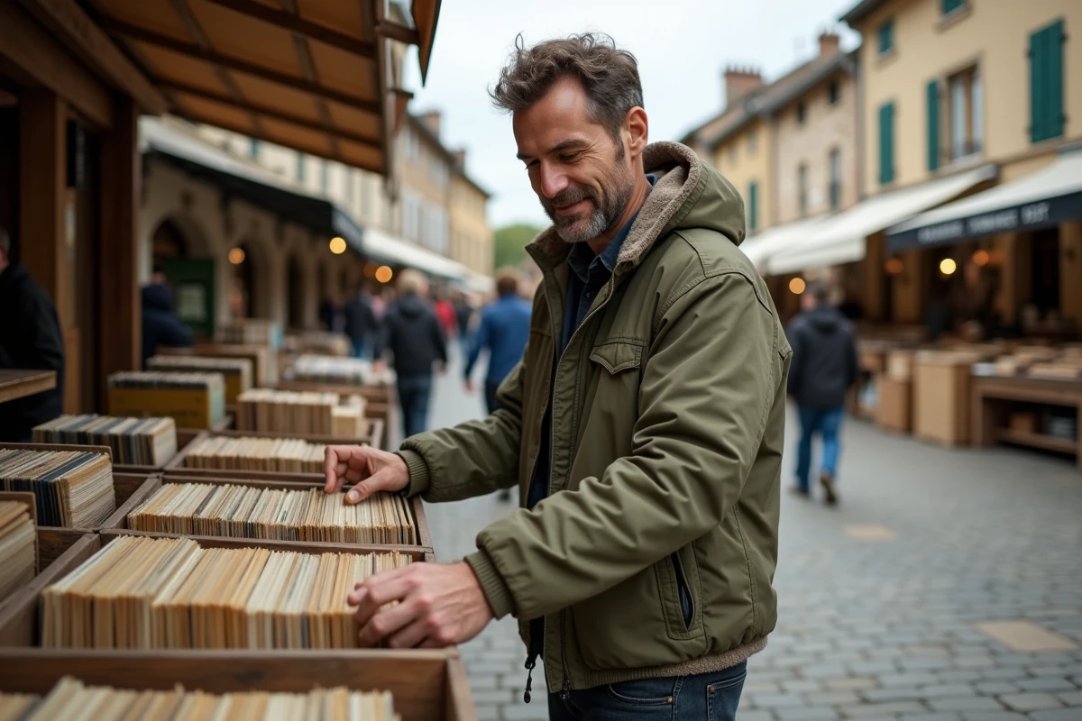 Homme feuilletant des vinyles et des livres anciens sur un stand de brocante dans une place de village en Auvergne