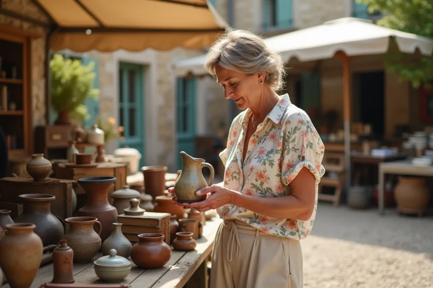 Femme examinant une cruche en céramique vintage sur un stand de brocante en plein air dans un village du Cantal