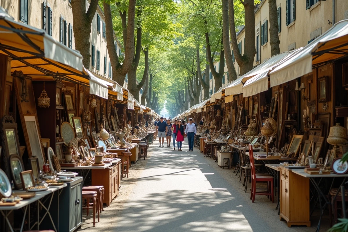 Vue large d'une brocante animée dans une rue de village du Cantal avec des tables couvertes d'antiquités et de brocante