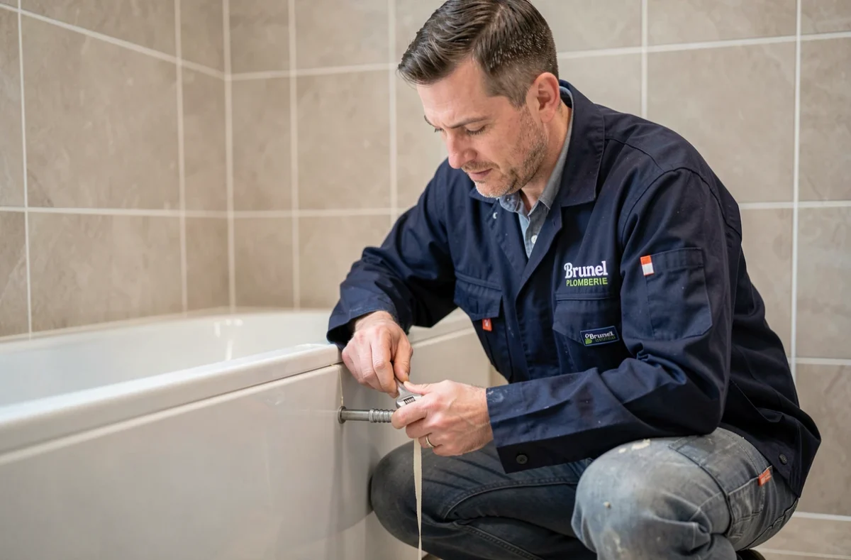 Technicien de Brunel Plomberie en train de sceller des joints de tuyaux dans une salle de bain rénovée