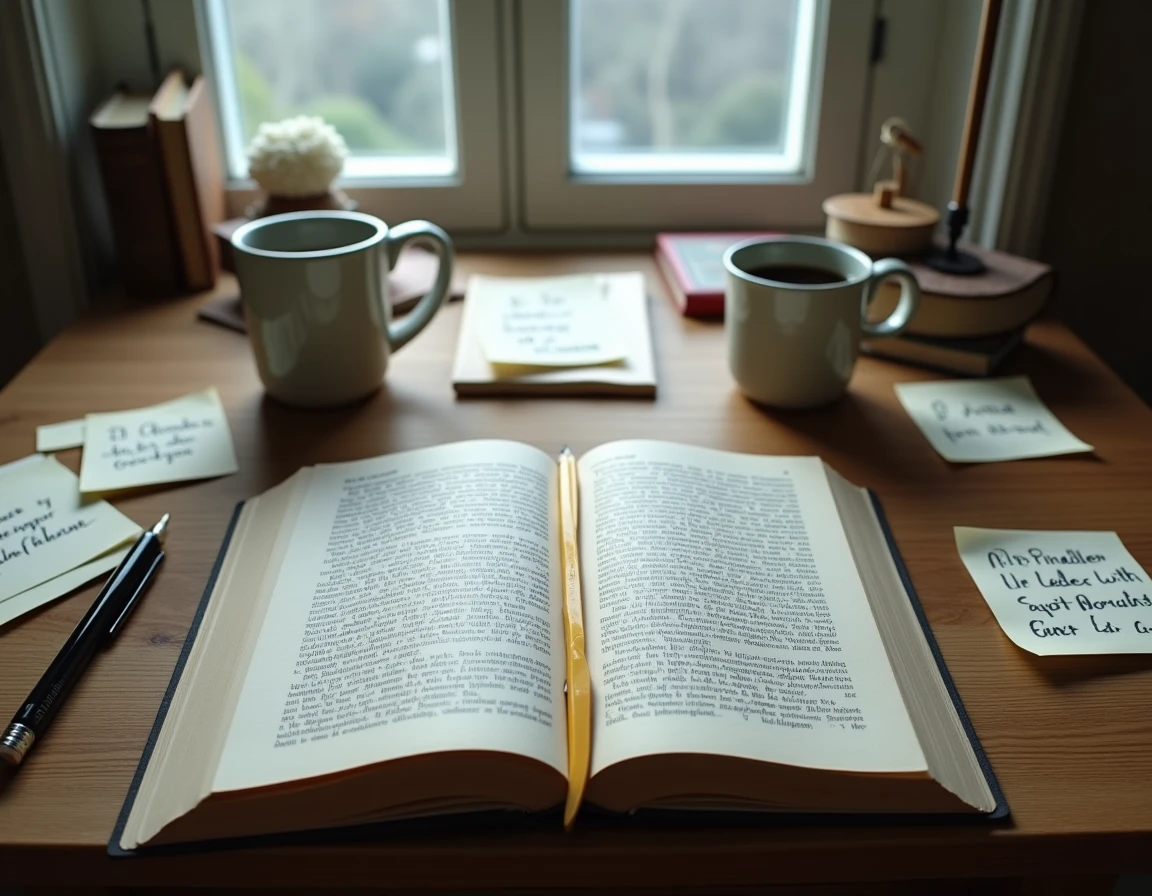 Bureau en bois avec un livre de philosophie de Schopenhauer ouvert, des notes manuscrites et une tasse de café pour une étude pour débutants
