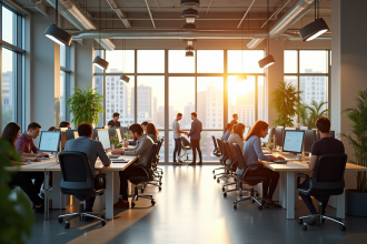 Bureau moderne open space avec employés et lumière naturelle